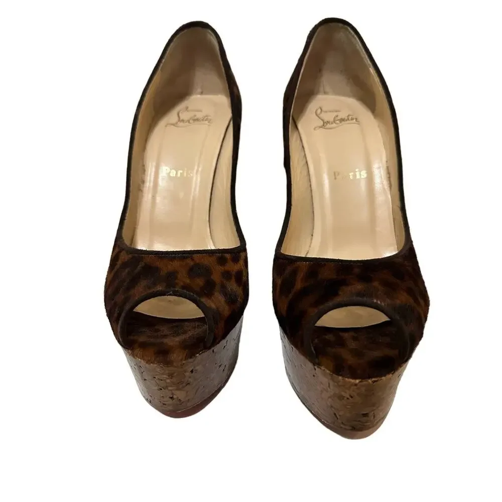 Christian Louboutin coroclic peep toe pony hair animal print wedges size 38 - Picture 3 of 8